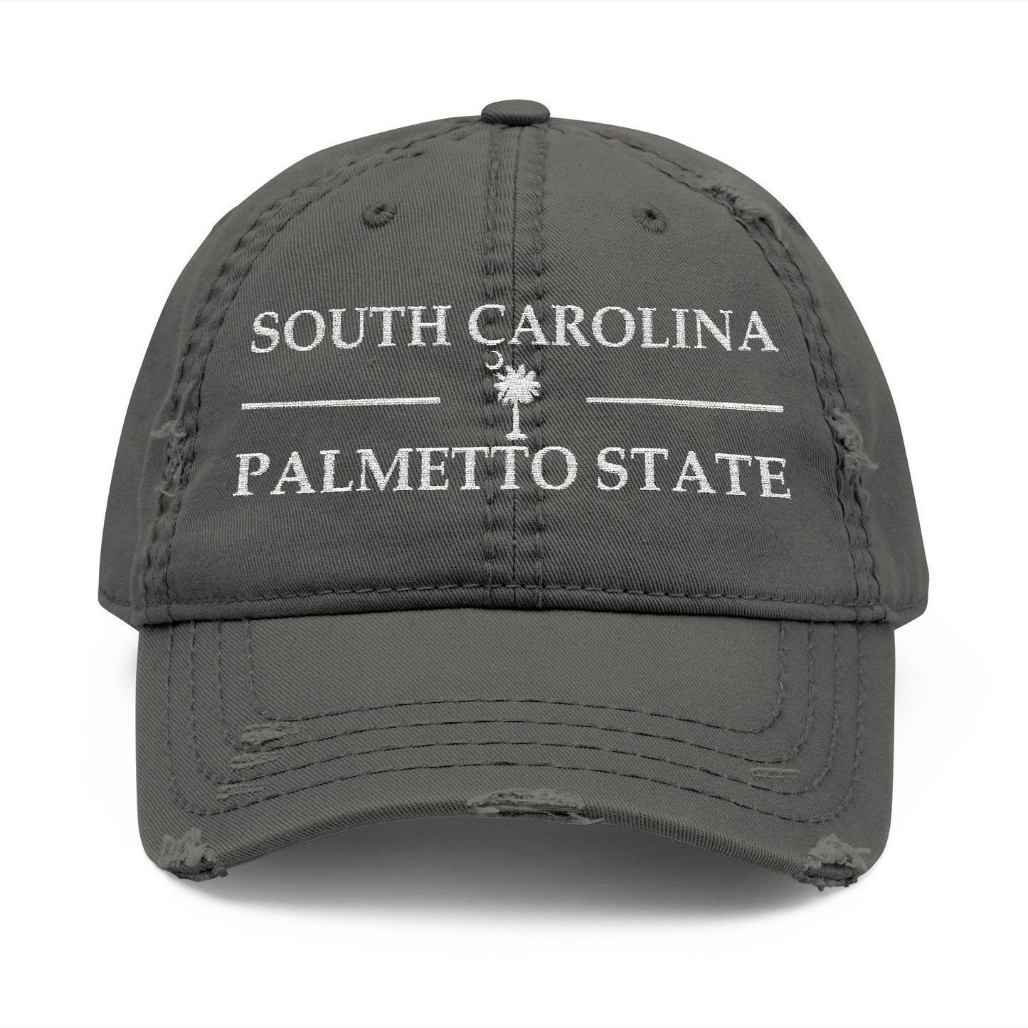 Gray cap with 'South Carolina Palmetto State' text and palmetto tree design  embroidered in white thread