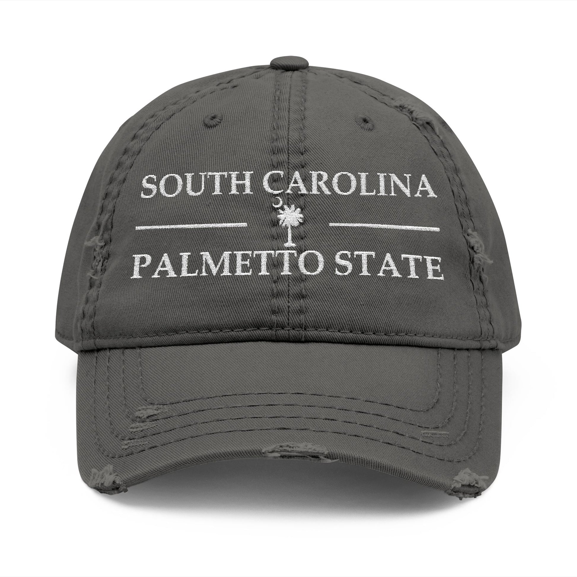Gray cap with 'South Carolina Palmetto State' text and palmetto tree design  embroidered in white thread