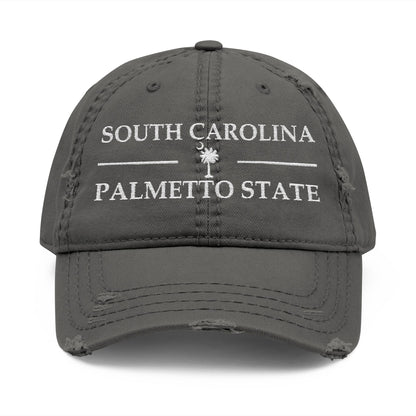 Gray cap with 'South Carolina Palmetto State' text and palmetto tree design  embroidered in white thread