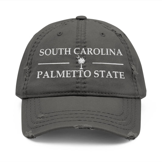 Gray cap with 'South Carolina Palmetto State' text and palmetto tree design  embroidered in white thread