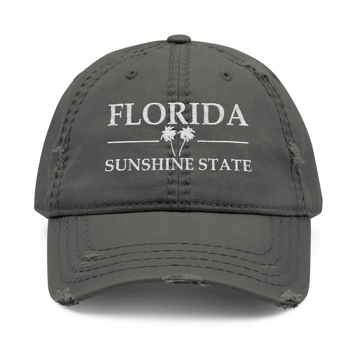 Gray cap with 'Florida Sunshine State' text and palm tree design  embroidered in white thread
