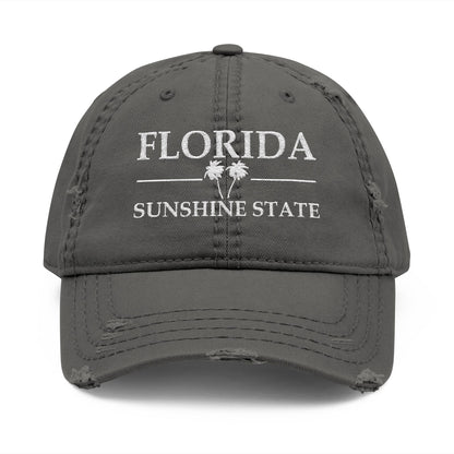 Gray cap with 'Florida Sunshine State' text and palm tree design  embroidered in white thread