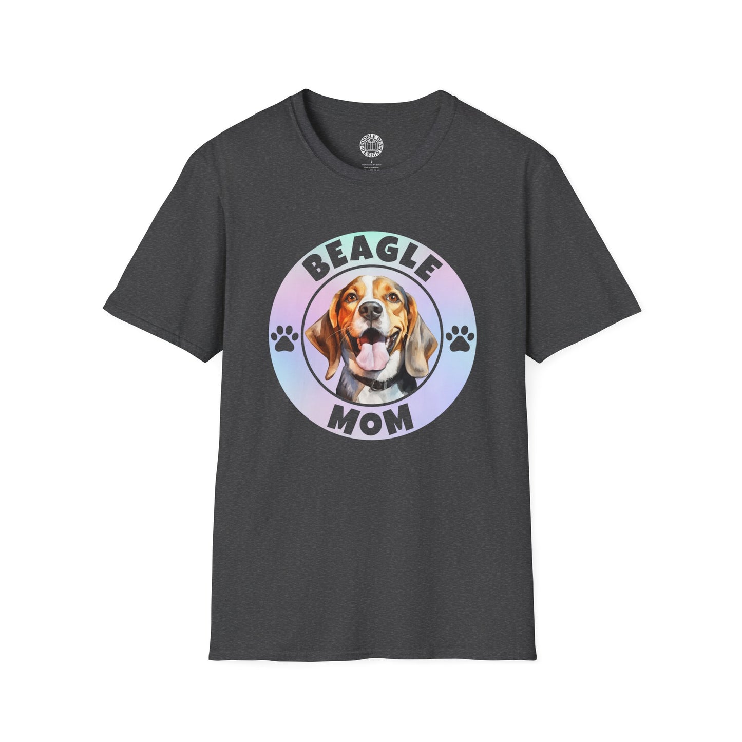 Black t-shirt with a beagle graphic and 'Beagle Mom' text on a white background