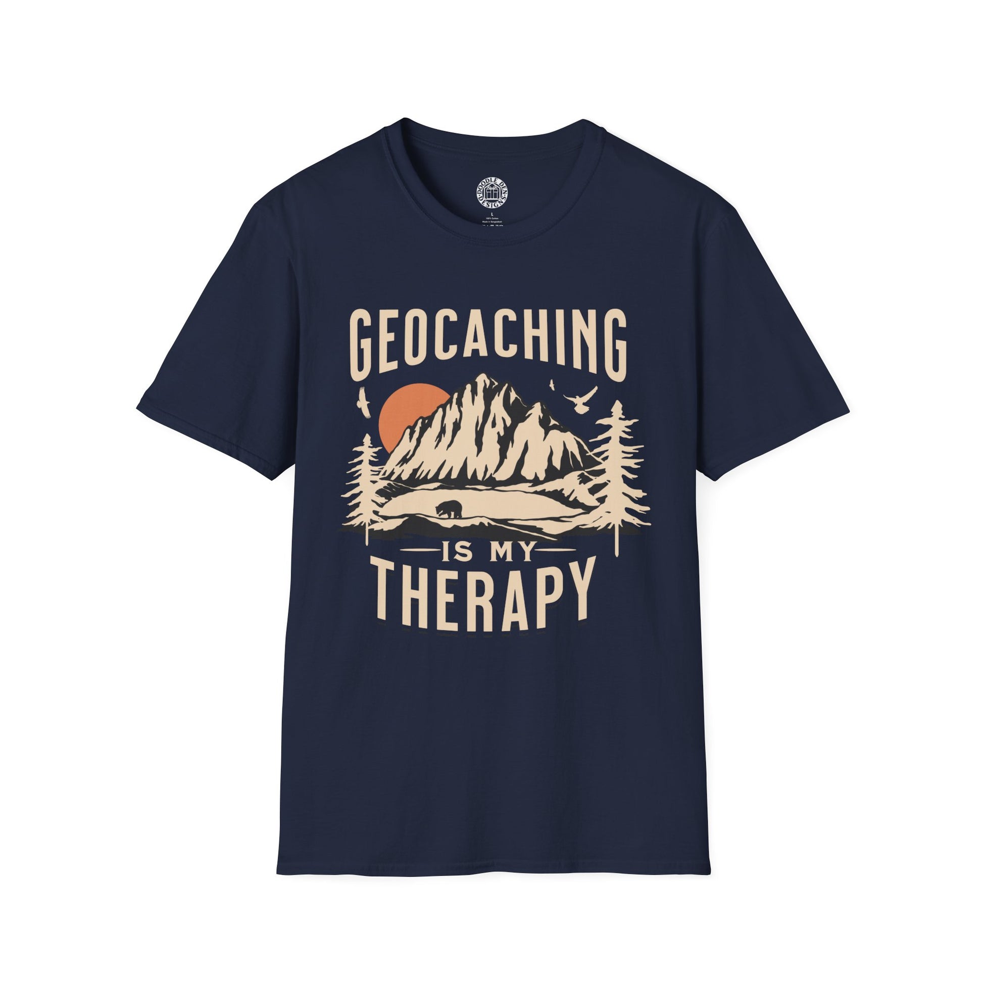 Navy blue t-shirt with 'Geocaching is my Therapy' graphic design on a white background