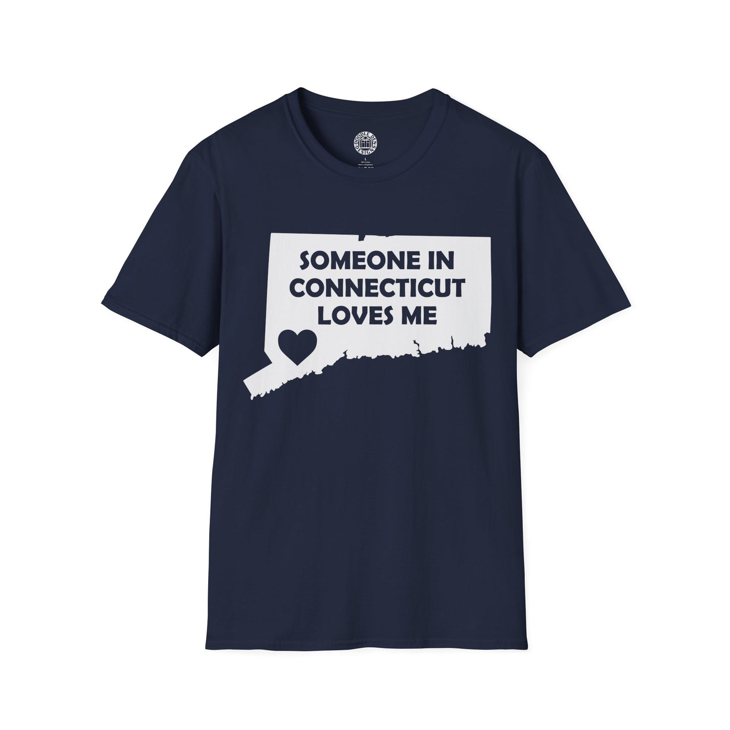 Navy blue t-shirt with a graphic of Connecticut and text 'Someone in Connecticut loves me' on a white background