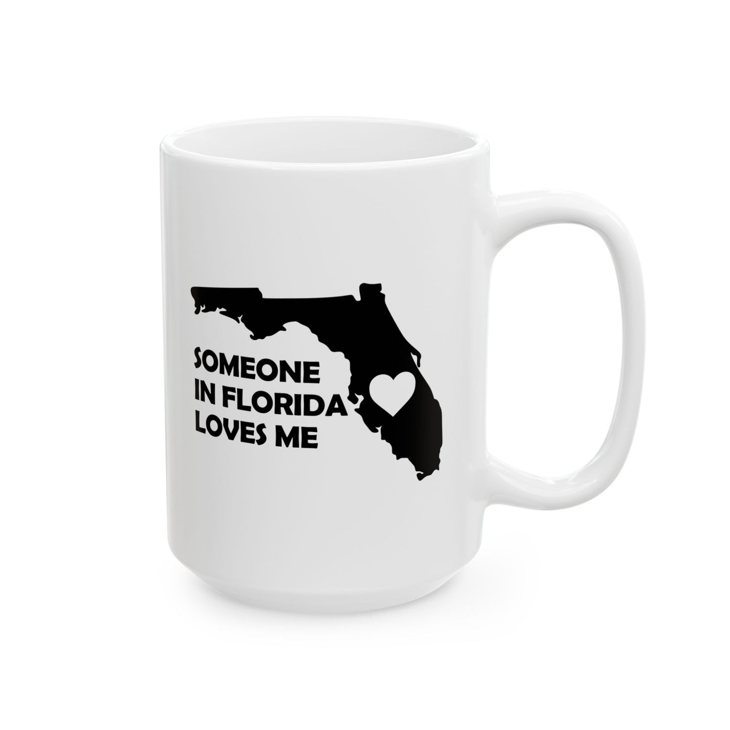 White mug with black state of Florida outline and text 'Someone in Florida loves me' on a white background