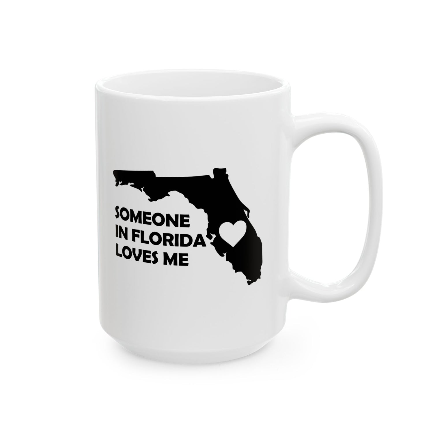 White mug with black state of Florida outline and text 'Someone in Florida loves me' on a white background