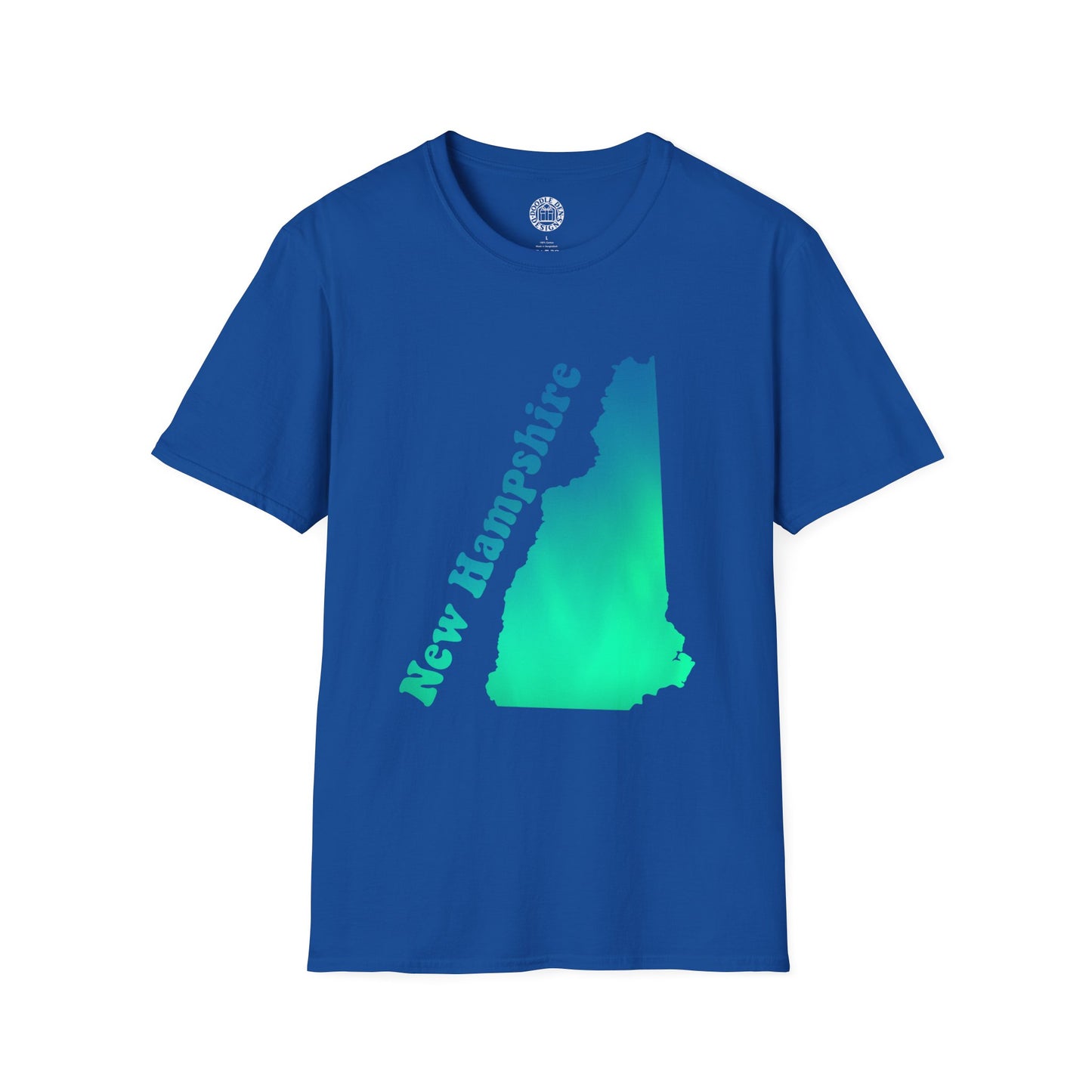 Blue t-shirt with a green outline of New Hampshire and 'New Hampshire' text on a white background