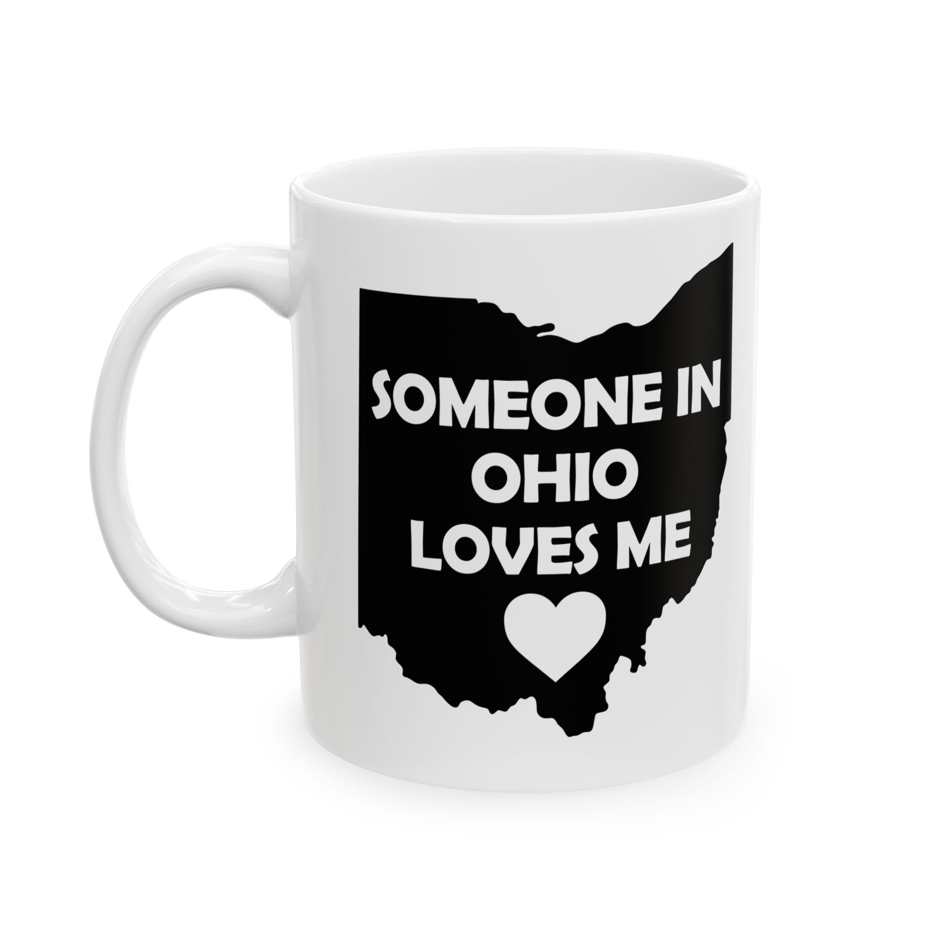 White mug with black Ohio outline and text 'Someone in Ohio loves me' on a white background