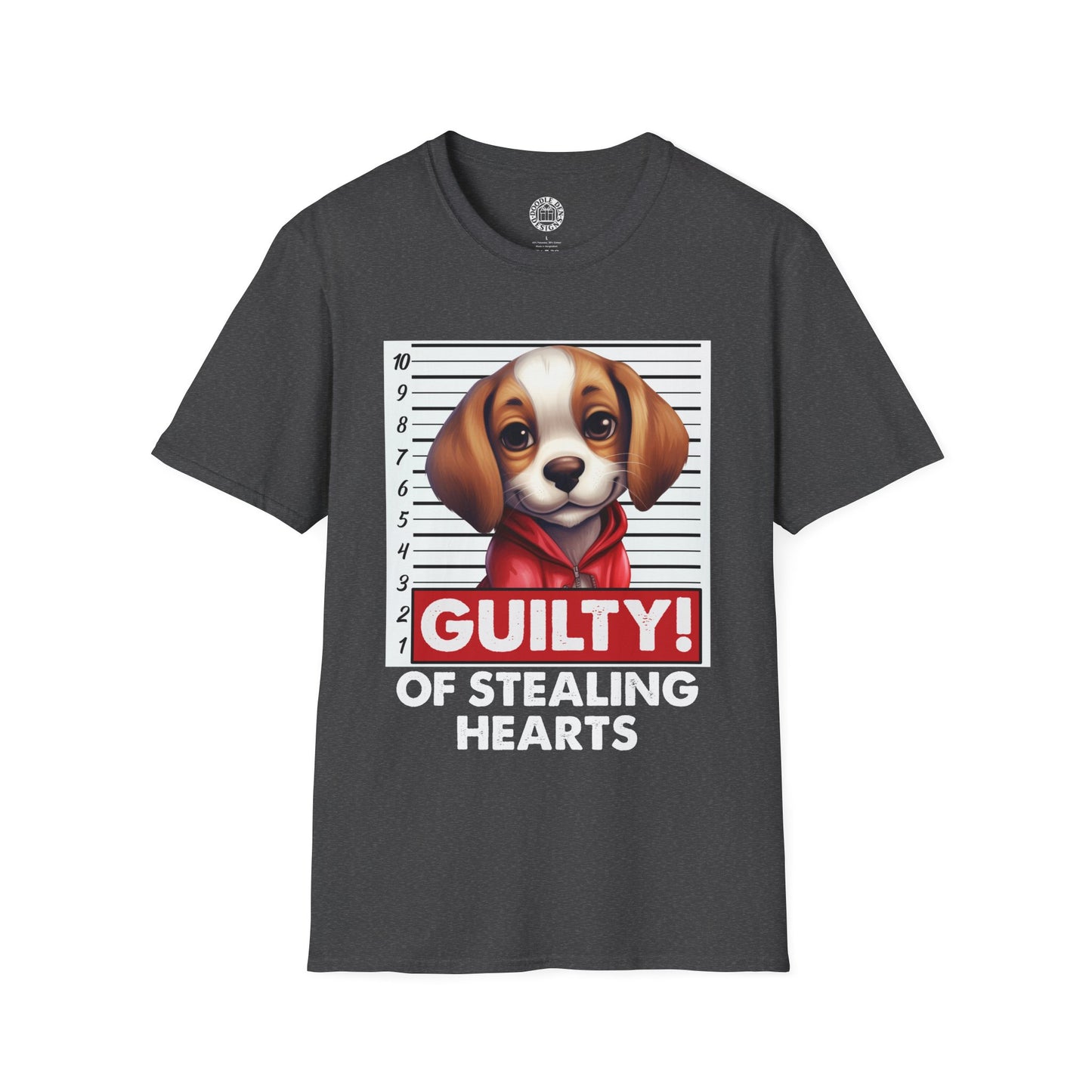 Gray t-shirt with a Beagle dog graphic and text 'Guilty of Stealing Hearts' on a white background
