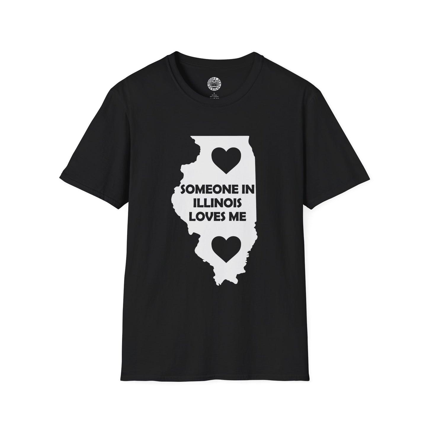 Black t-shirt with a white graphic of Illinois and text 'Someone in Illinois loves me' on a white background