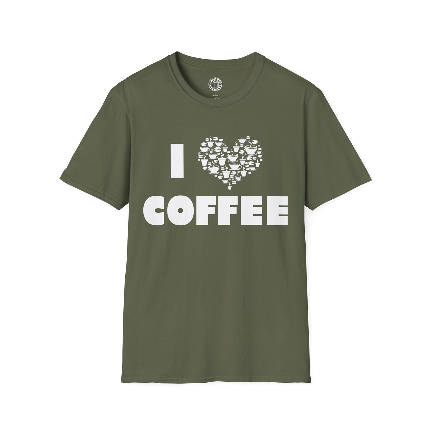 Green t-shirt with 'I ❤️ COFFEE' text on a white background