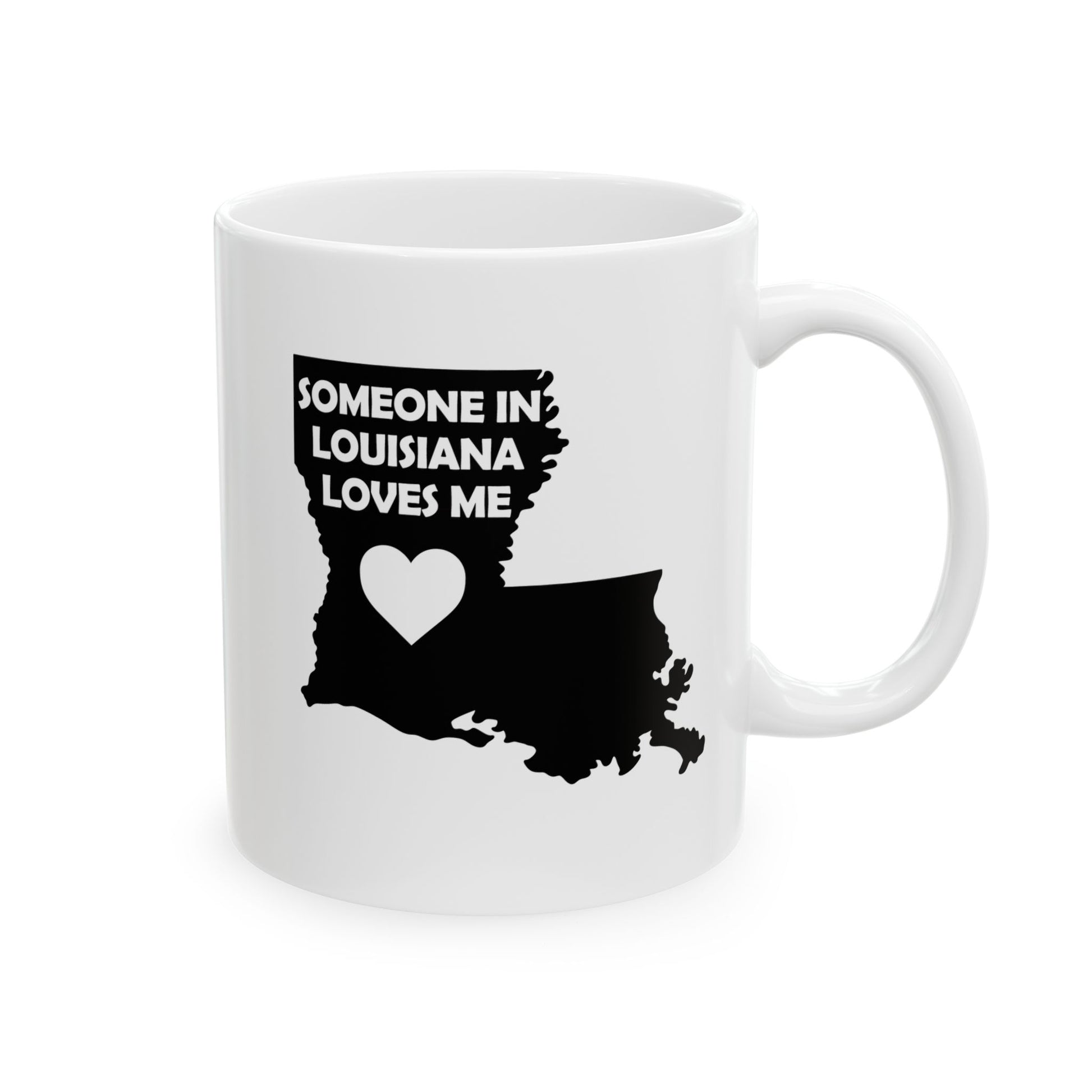 White mug with black silhouette of Louisiana and text 'Someone in Louisiana loves me' on a white background