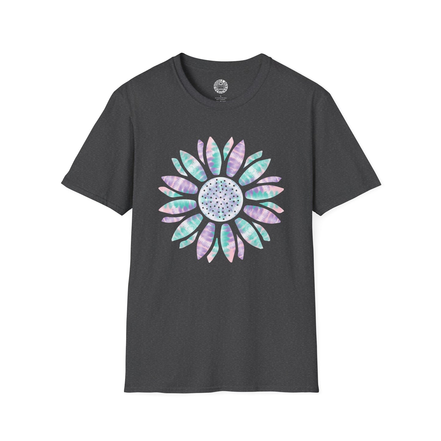 Black t-shirt with a colorful sunflower flower design on a white background