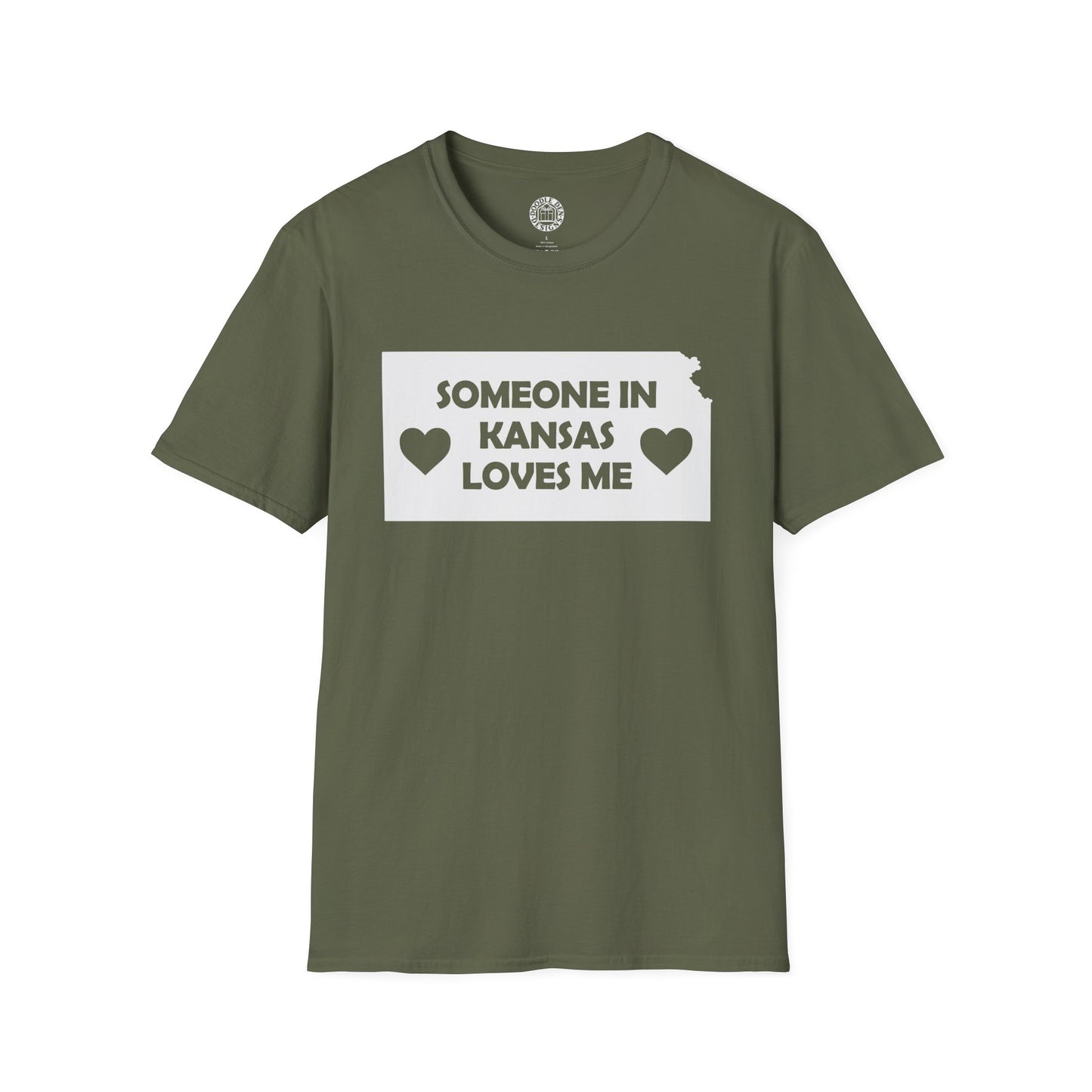 Green t-shirt with 'Someone in Kansas loves me' text on a white background