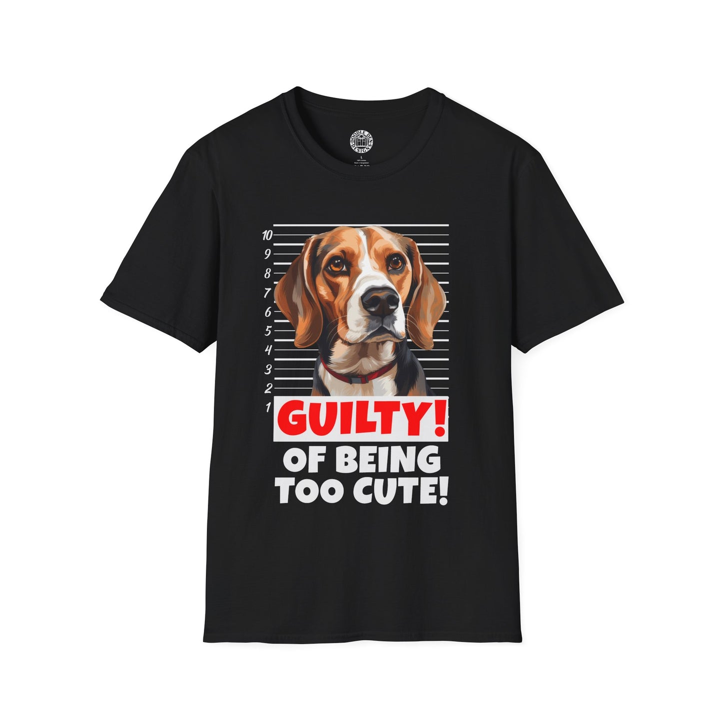 Black t-shirt with a beagle dog graphic and text 'Guilty of being too cute!' on a white background