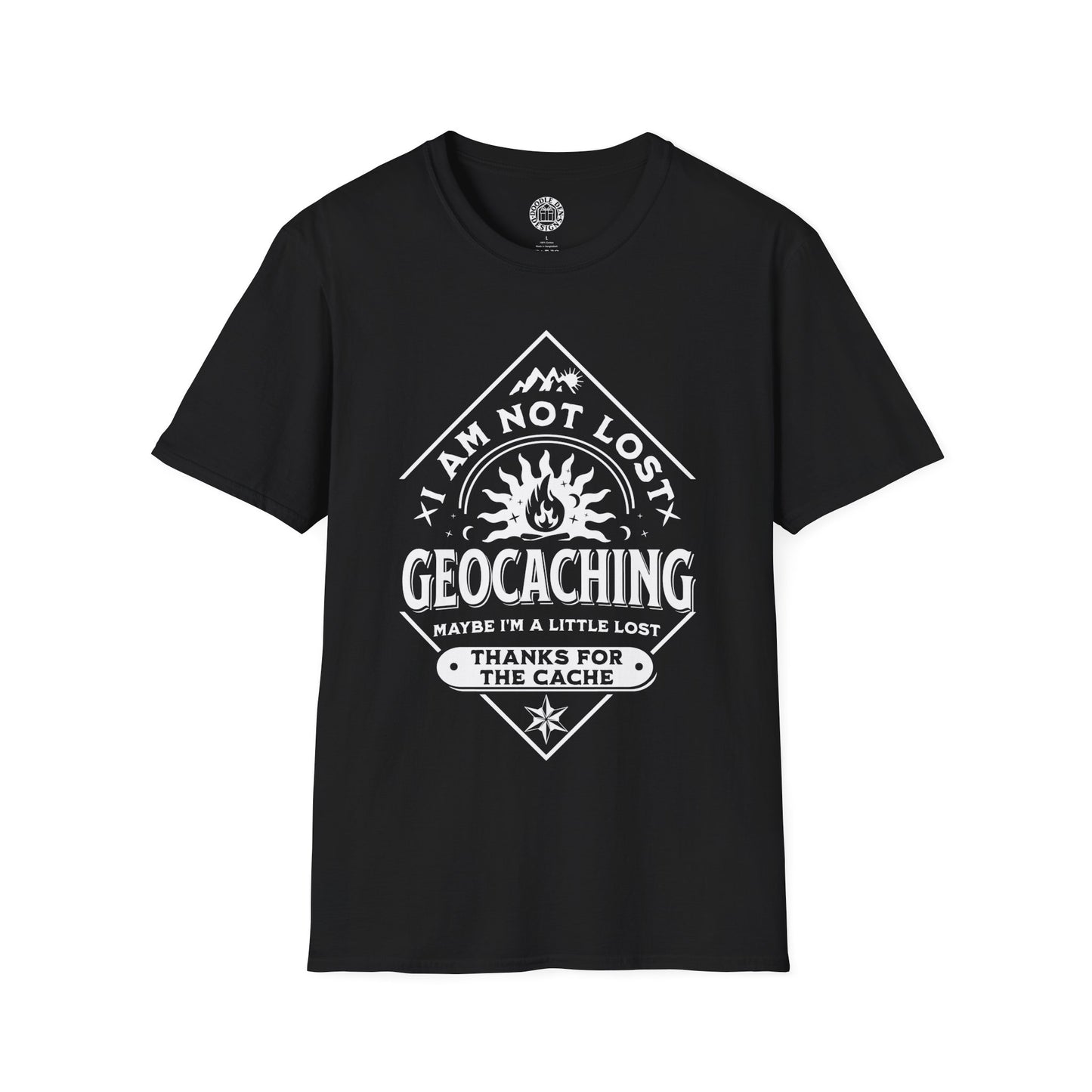 Black t-shirt with white geocaching graphic and text on a white background