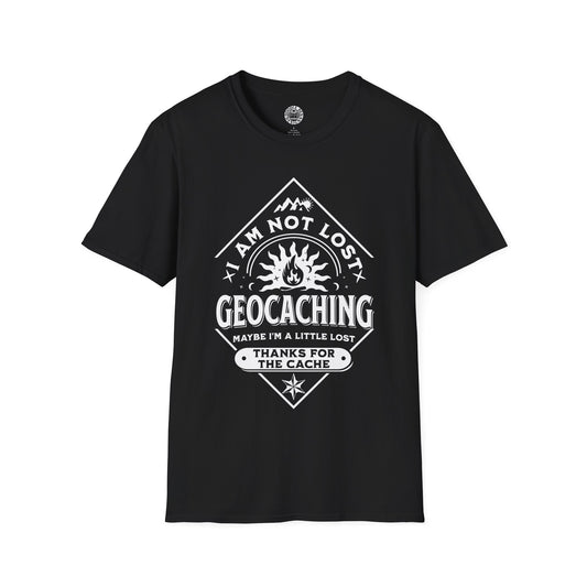 Black t-shirt with white geocaching graphic and text on a white background