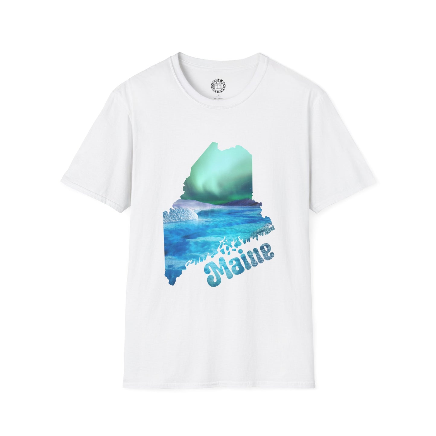 White t-shirt with a graphic of  northern lights aurora borealis and 'Maine' text on a white background