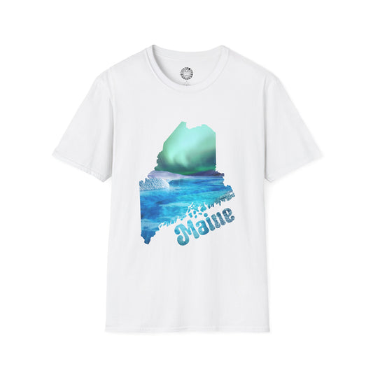 White t-shirt with a graphic of  northern lights aurora borealis and 'Maine' text on a white background
