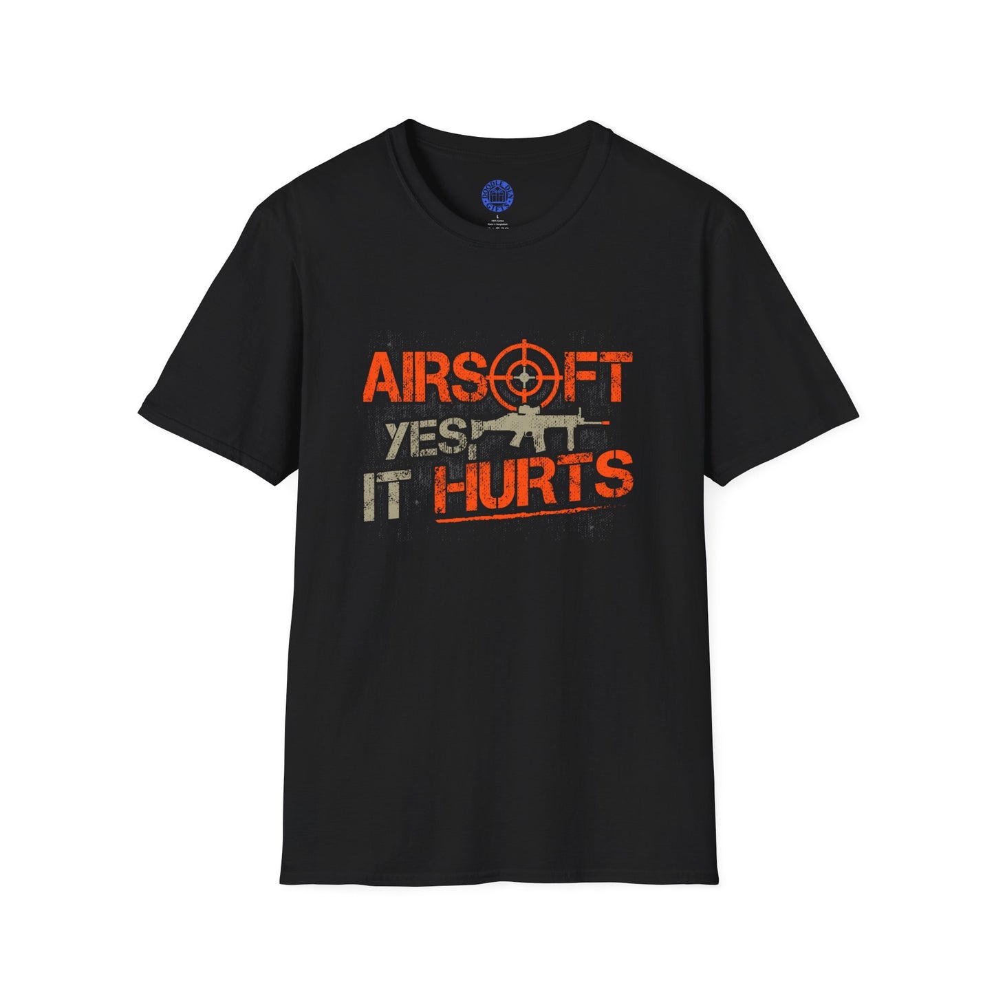 Black t-shirt with airsoft-themed graphic and text on a white background