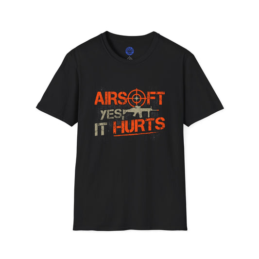 Black t-shirt with airsoft-themed graphic and text on a white background