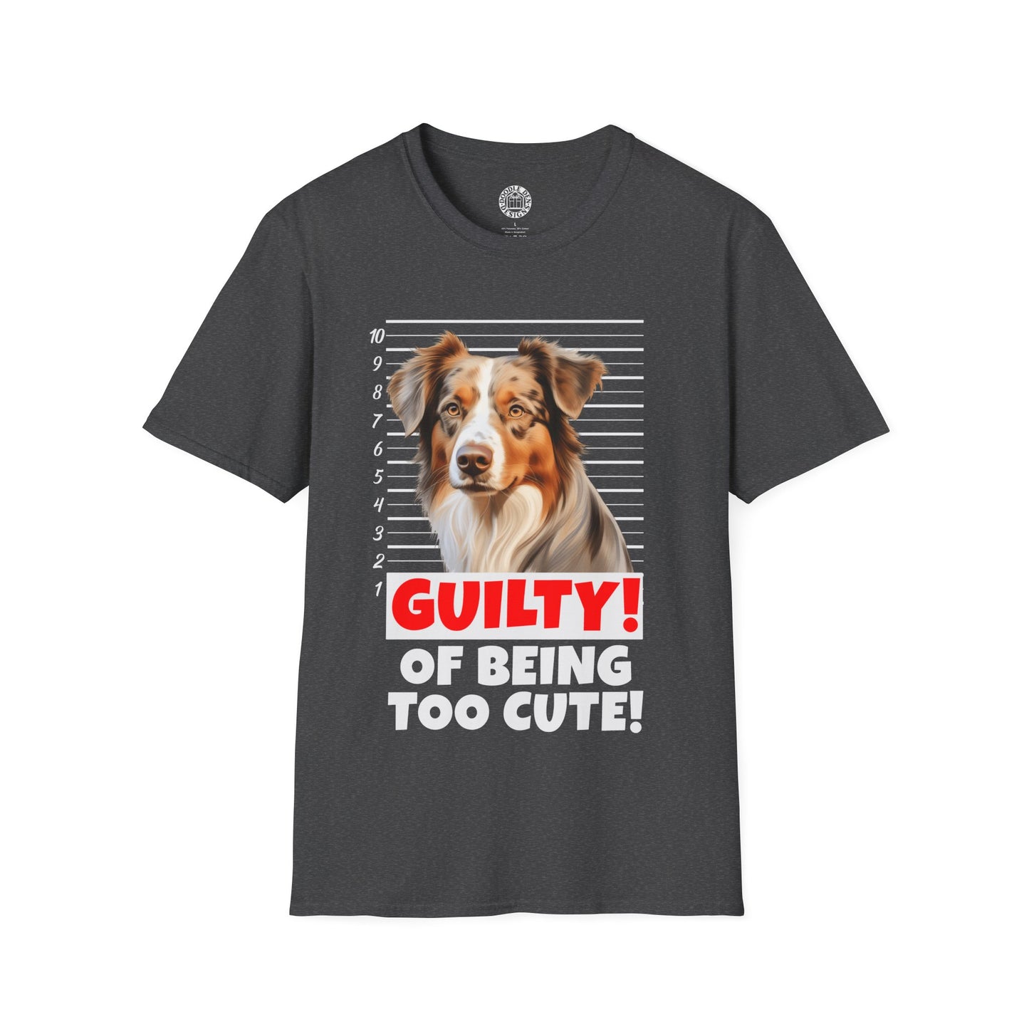 Dark gray t-shirt with a Australian Shepherd dog graphic and text 'Guilty of being too cute!' on a white background