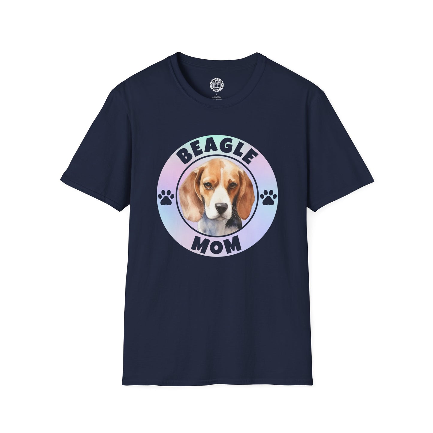 Navy blue t-shirt with a beagle graphic and 'Beagle Mom' text on a white background