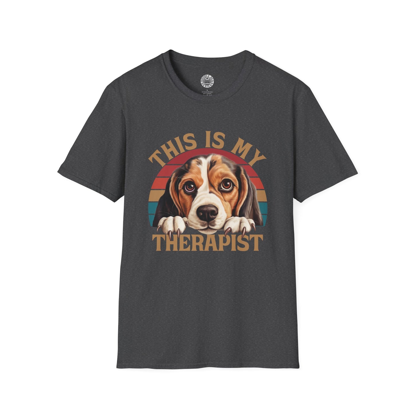 Dark gray t-shirt with a beagle dog graphic and 'This is my therapist' text on a white background