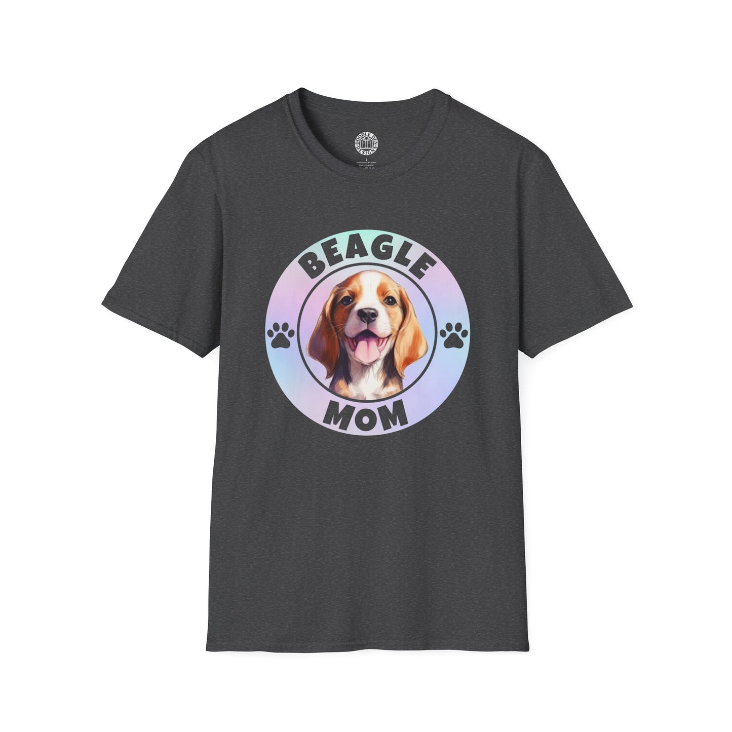 Black t-shirt with a beagle graphic and 'Beagle Mom' text on a white background