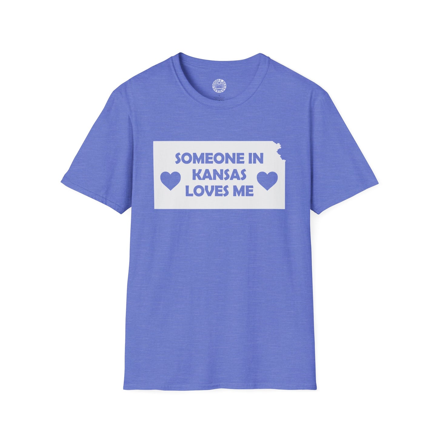 Blue t-shirt with 'Someone in Kansas loves me' text on a white background