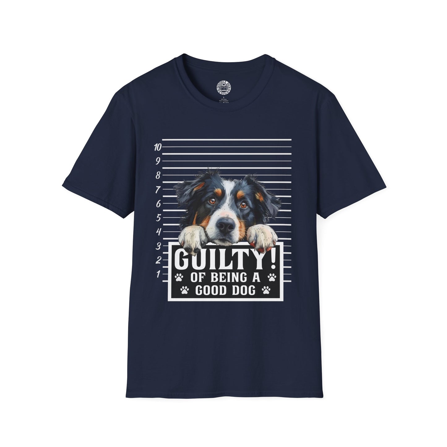 Navy blue t-shirt with a Australian Shepherd graphic and text on a white background