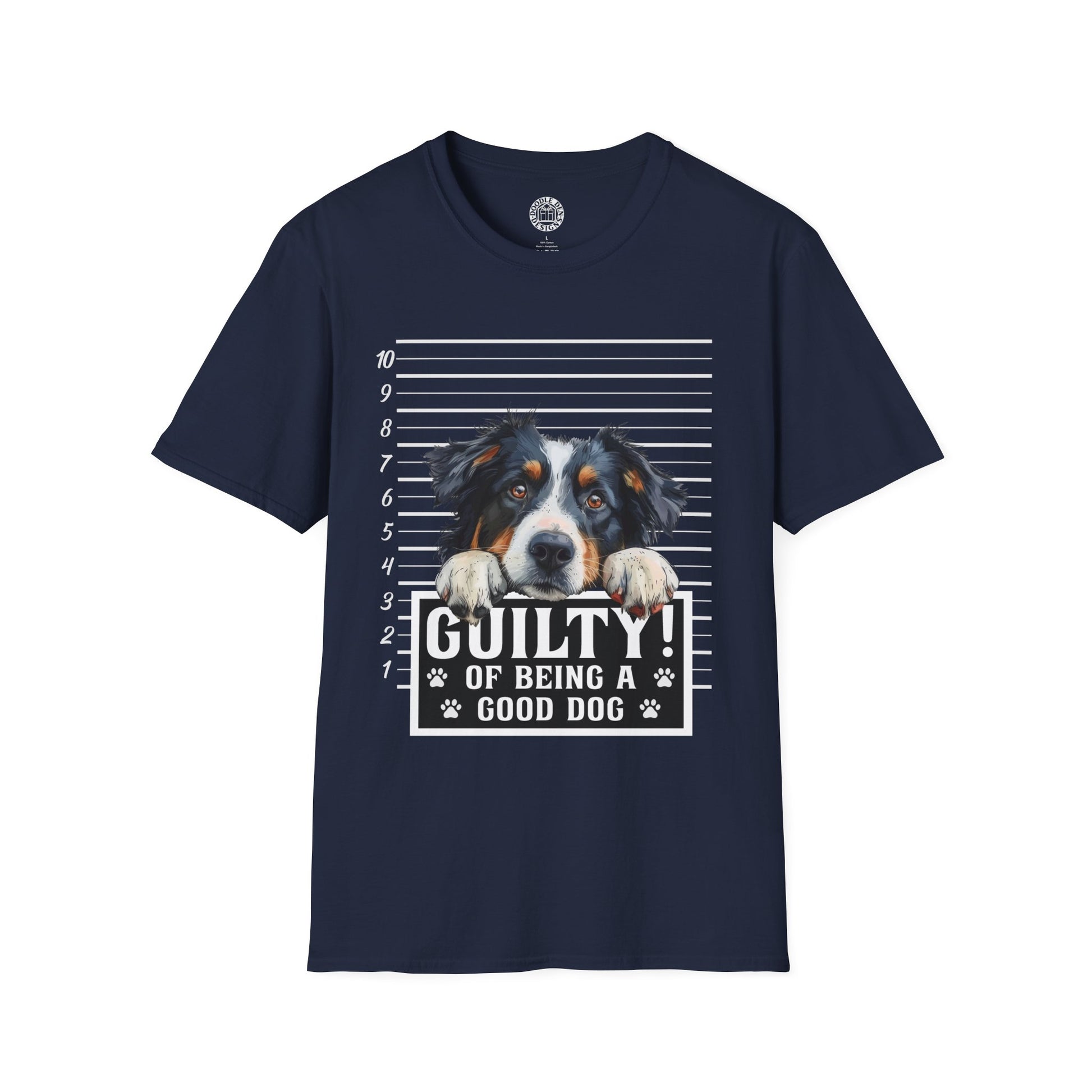 Navy blue t-shirt with a Australian Shepherd graphic and text on a white background