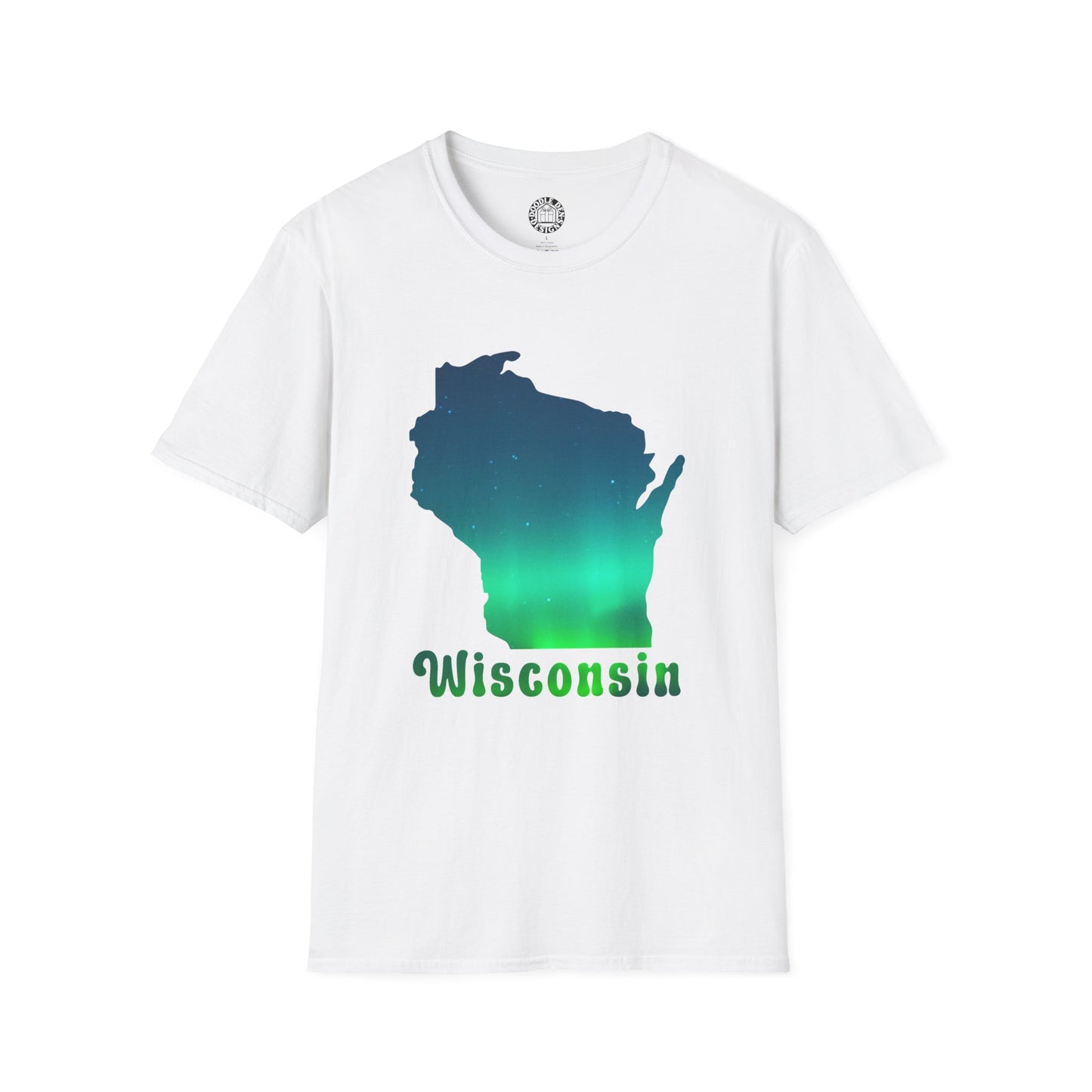 White t-shirt with a green and blue Wisconsin map design on a white background