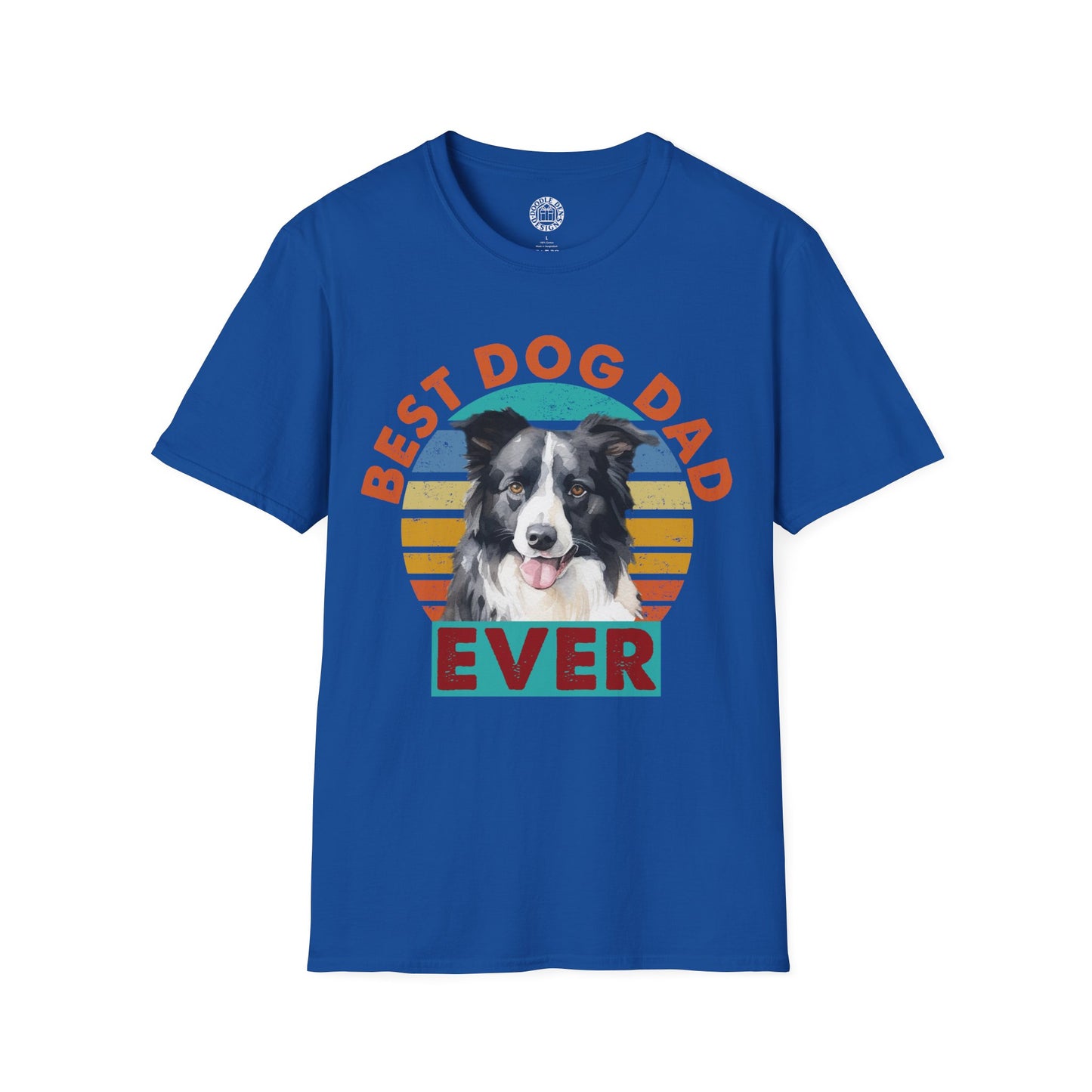 Blue t-shirt with a border collie dog graphic and text 'Best Dog Dad Ever' on a white background