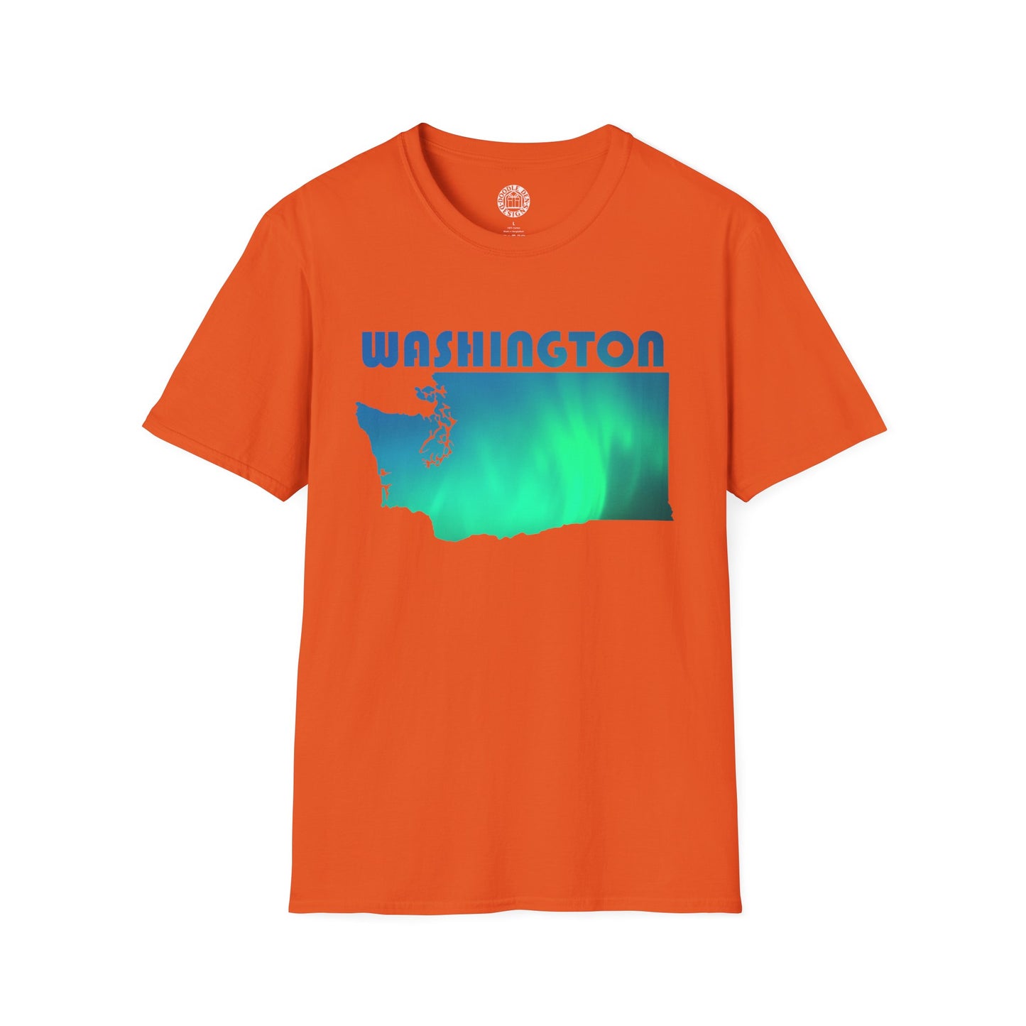 Orange t-shirt with 'Washington' and a map graphic on a white background