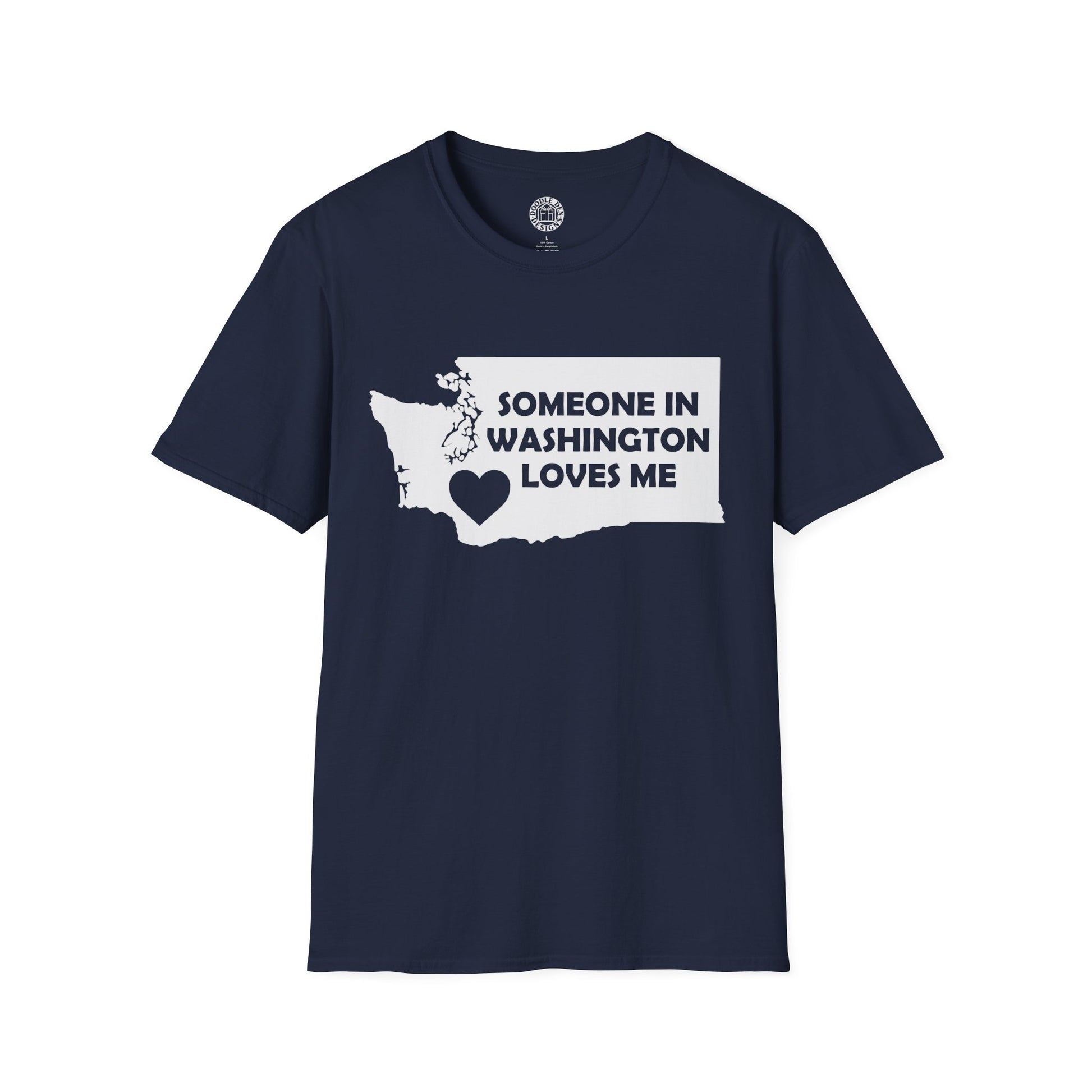 Navy blue t-shirt with a graphic of Washington state and text 'Someone in Washington loves me' on a white background.