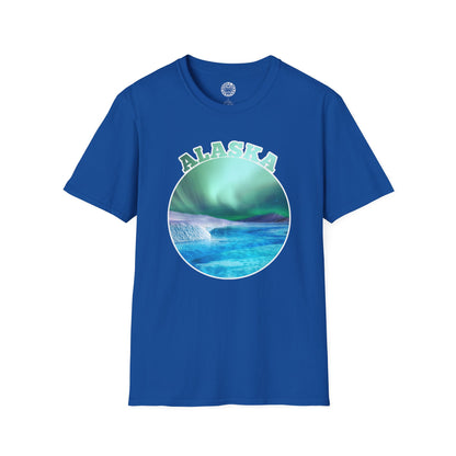 Blue t-shirt with Alaska graphic design on a white background northern lights aurora borealis