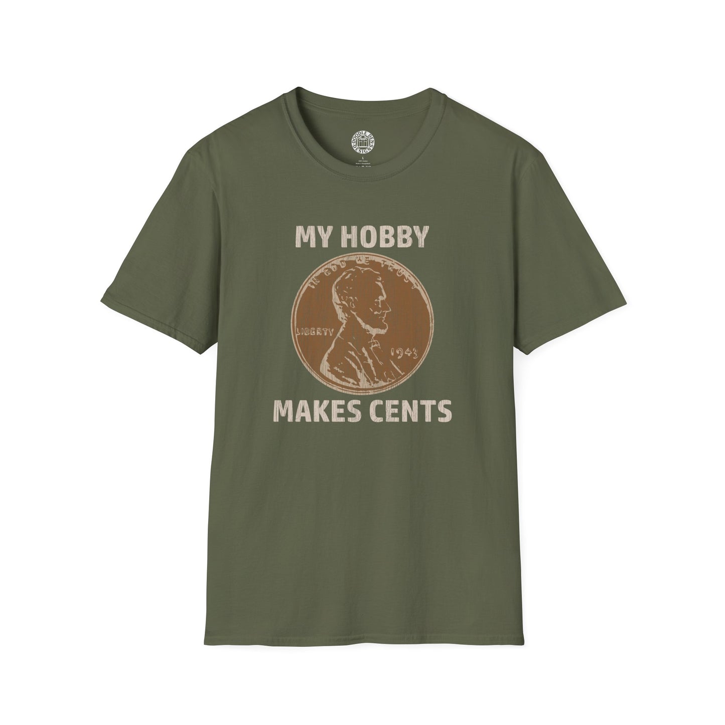Green t-shirt with a penny graphic and text on a white background for coin collectors