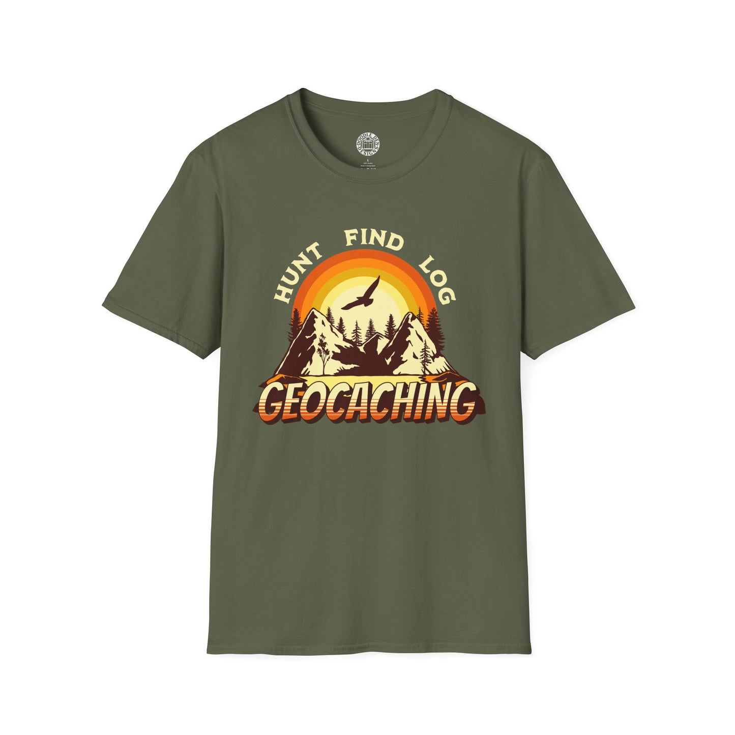 Green t-shirt with geocaching graphic on a white background