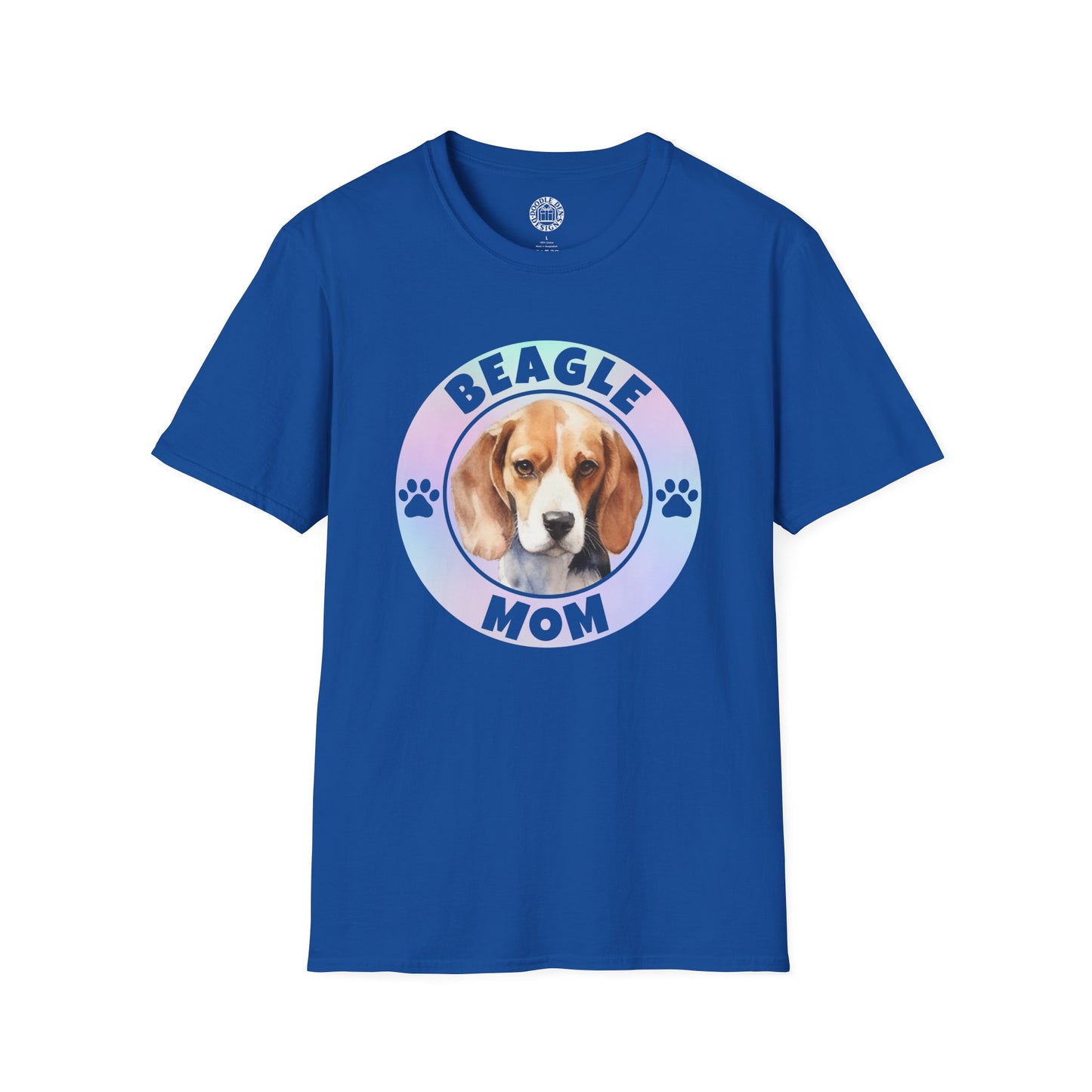 Blue t-shirt with a beagle graphic and 'Beagle Mom' text on a white background