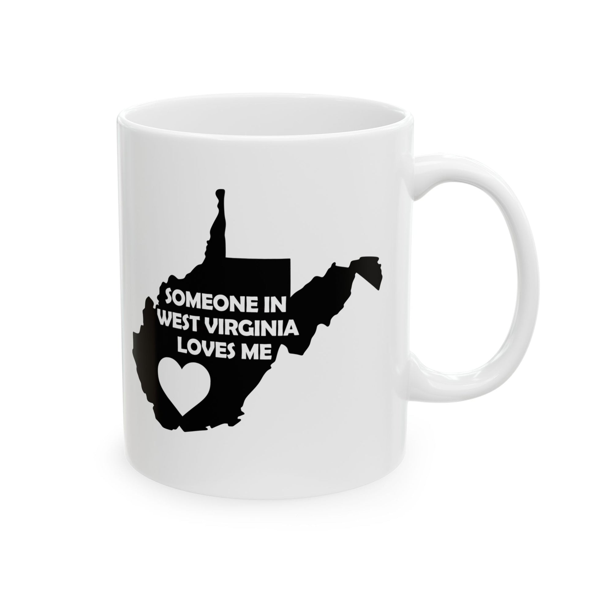 White mug with black silhouette of West Virginia and text 'Someone in West Virginia loves me' on a white background