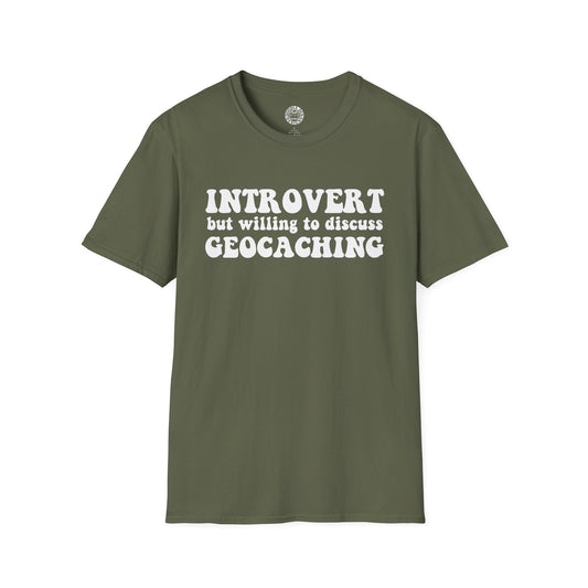 Green t-shirt with white text 'Introvert but willing to discuss Geocaching' on a white background