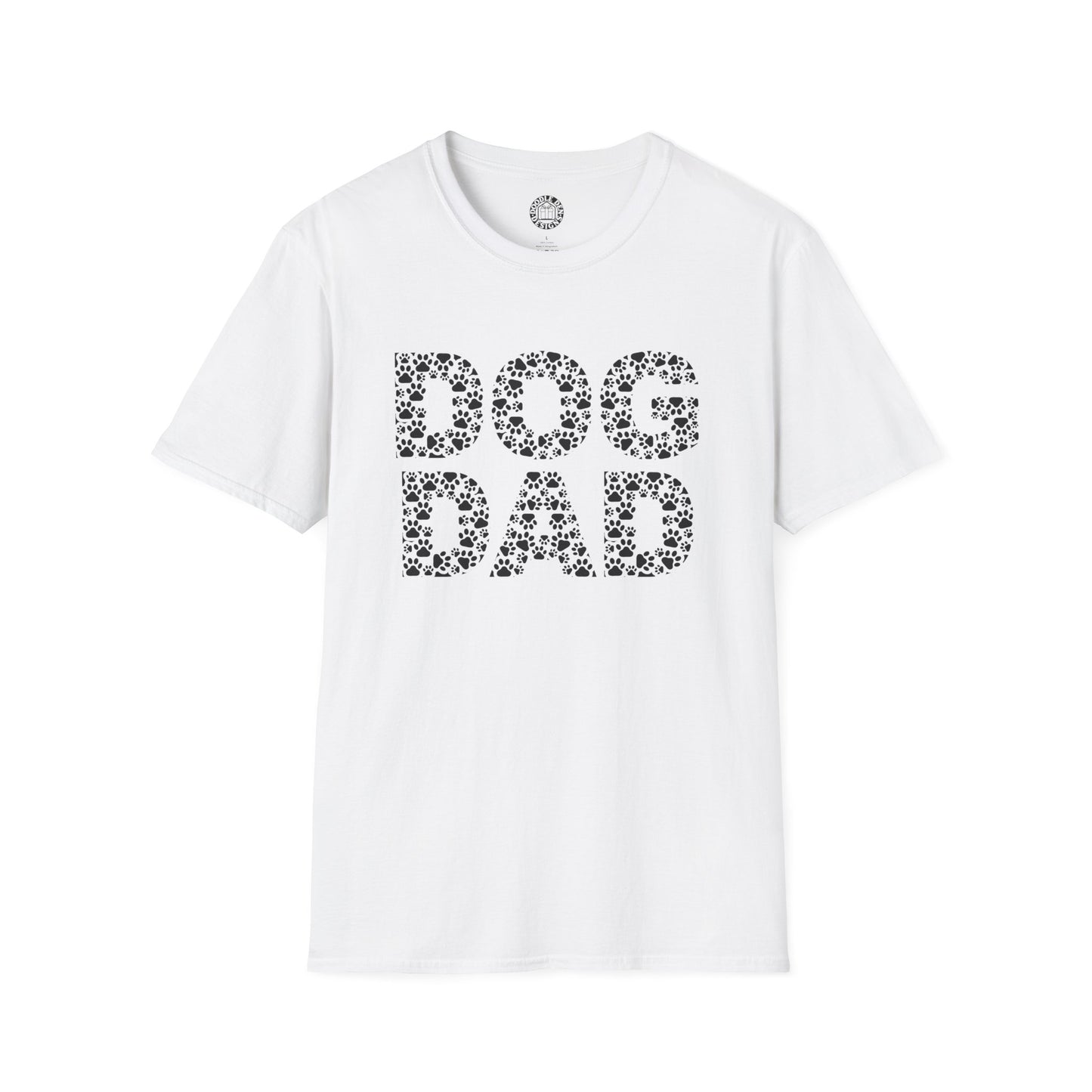White t-shirt with 'DOG DAD' text on a white background