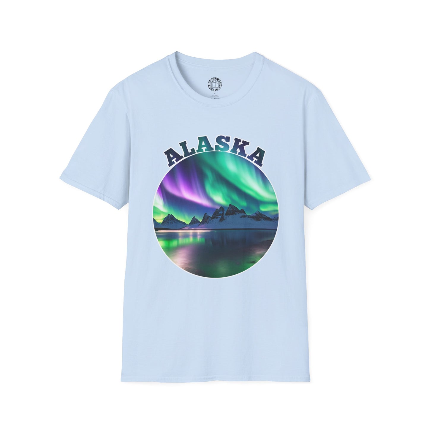 Light blue t-shirt with Alaska graphic design featuring Northern Lights on a white background