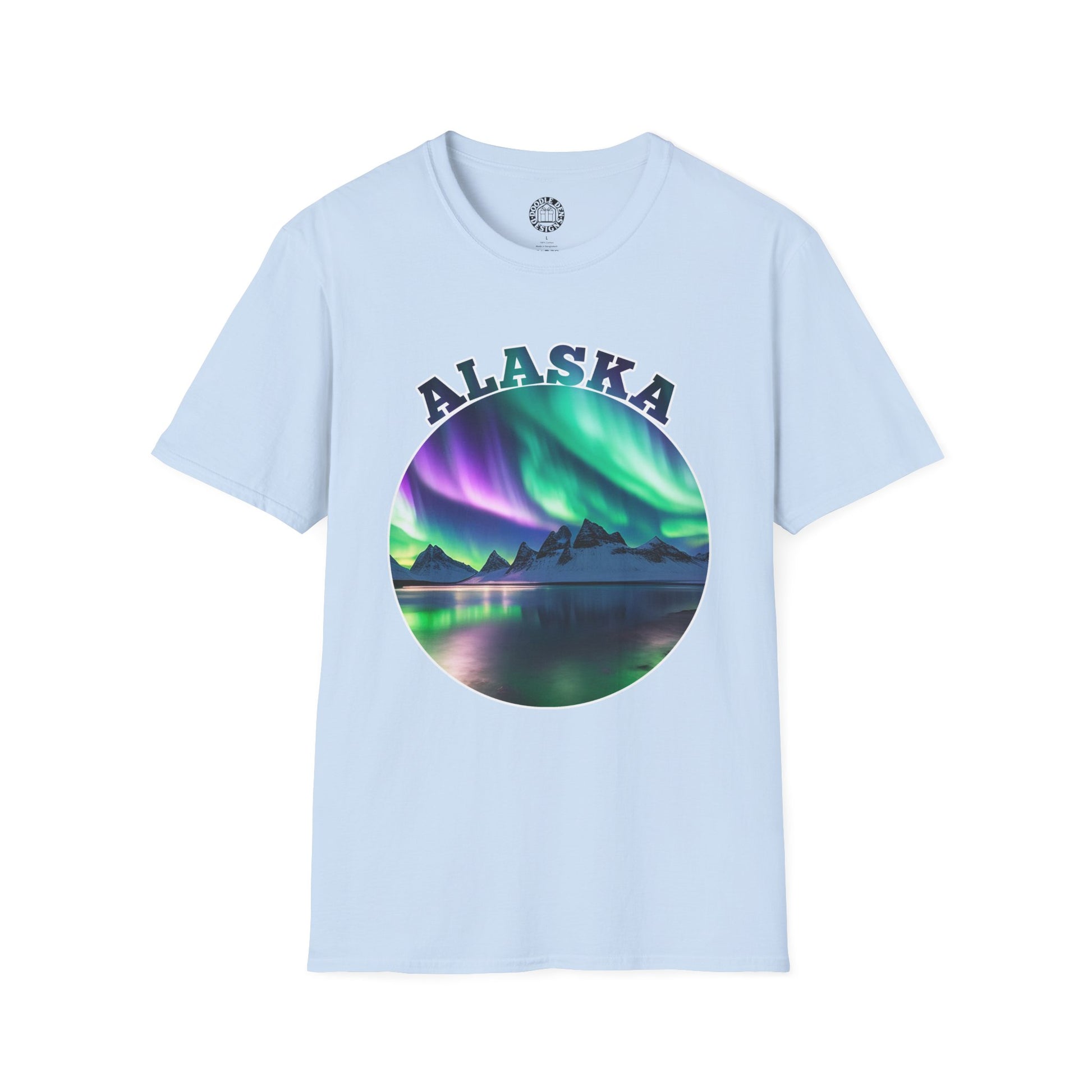 Light blue t-shirt with Alaska graphic design featuring Northern Lights on a white background