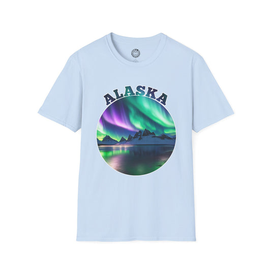 Light blue t-shirt with Alaska graphic design featuring Northern Lights on a white background