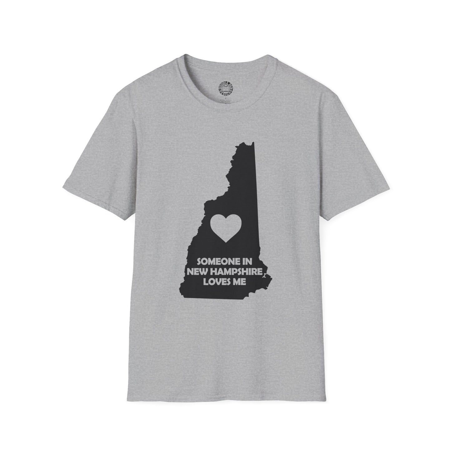 Gray t-shirt with black state outline and heart design on a white background with text  Someone In New Hampshire Loves Me