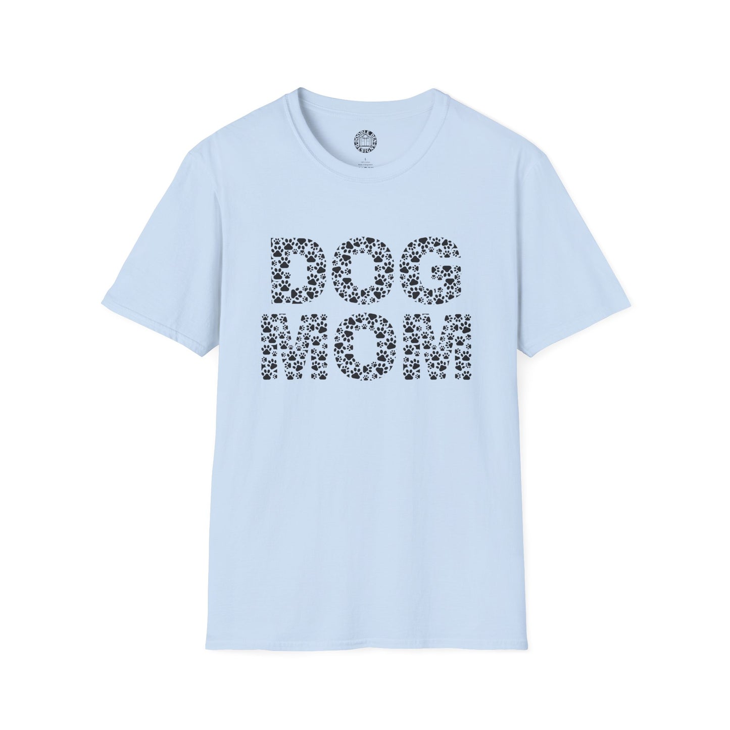 Light blue t-shirt with 'DOG MOM' text on a white background