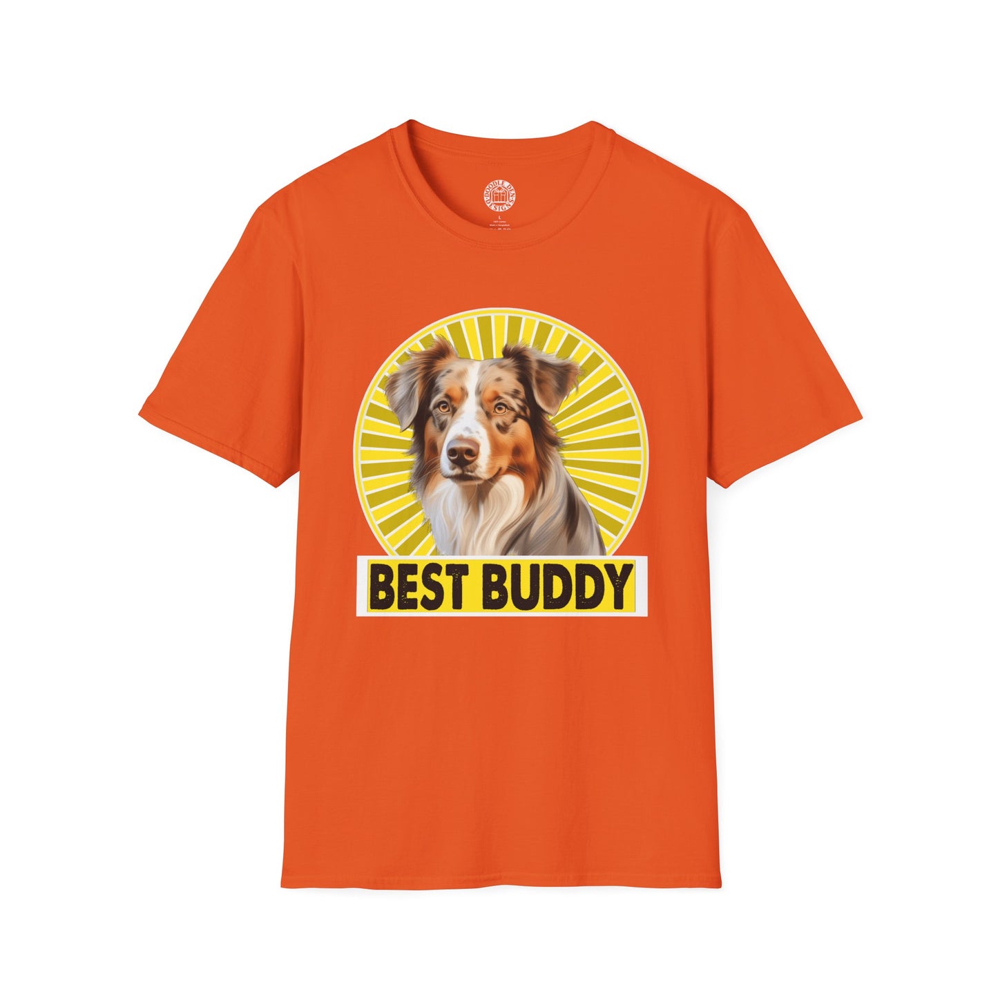 Orange t-shirt with a Australian Shepherd dog graphic and 'BEST BUDDY' text on a white background